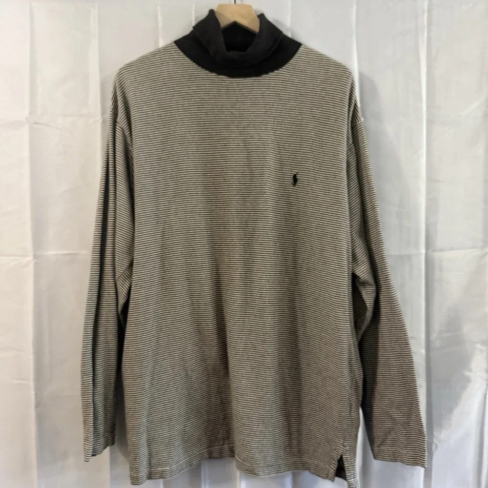 Vtg 90s Ralph Lauren Polo Golf Shirt Men Black Turtleneck Pony Striped Knit XL